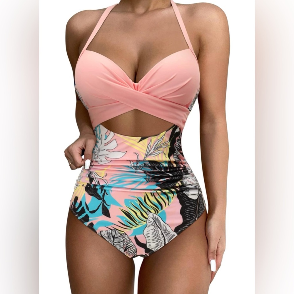 NWT SUUKSESS Sexy Pink Floral Cutout 1-Pc PushUp High Waisted Swimsuit Women’s S